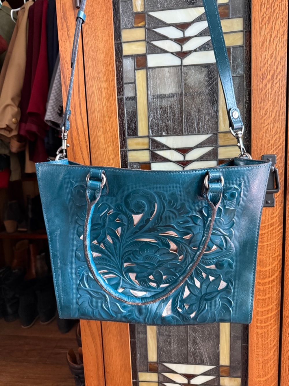 Patricia Nash Teal Tooled Leather Shoulder Bag